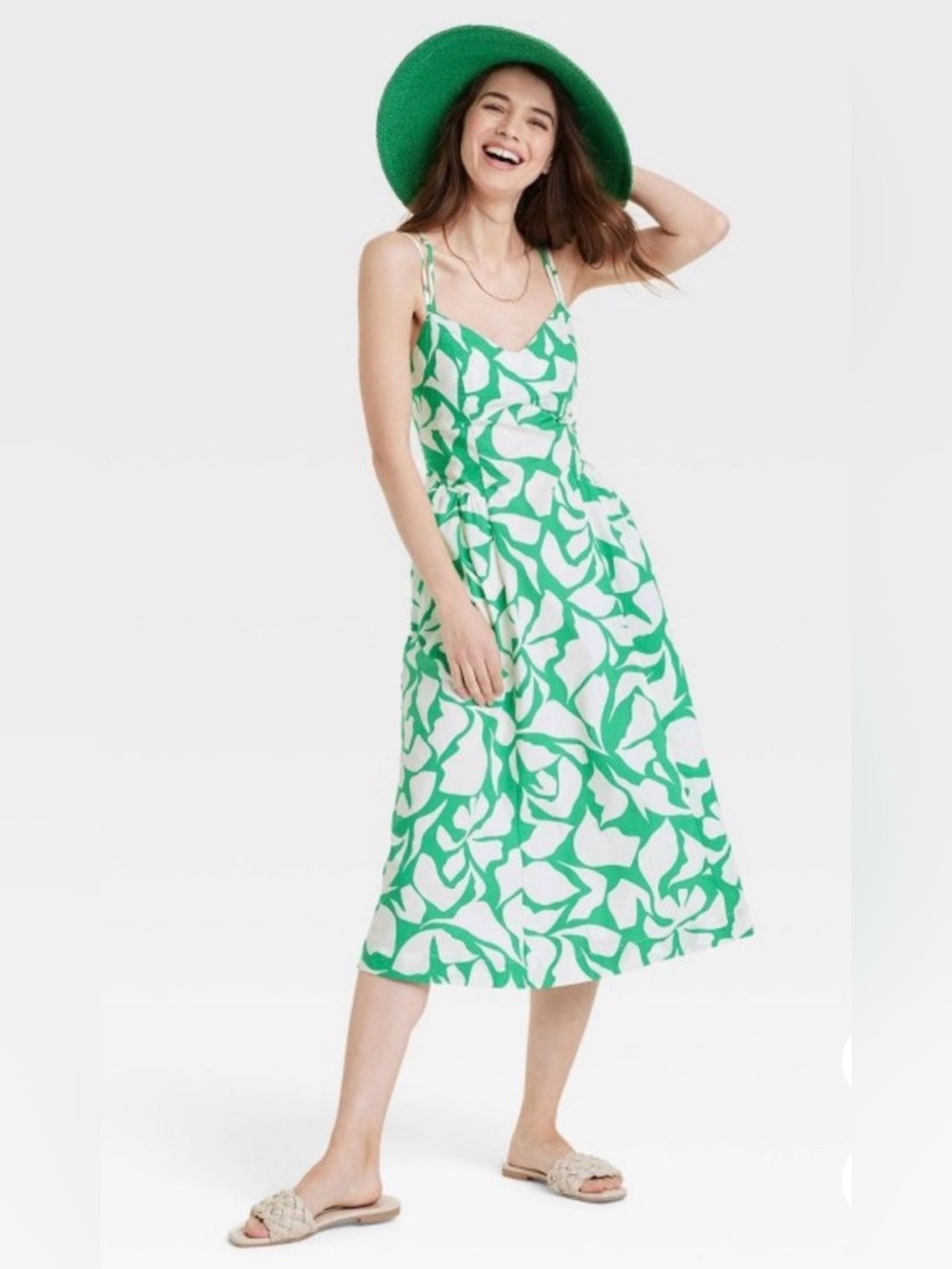 A new day Green & White abstract Floral print Midi Dress. 100% Cotton. Sz Large.